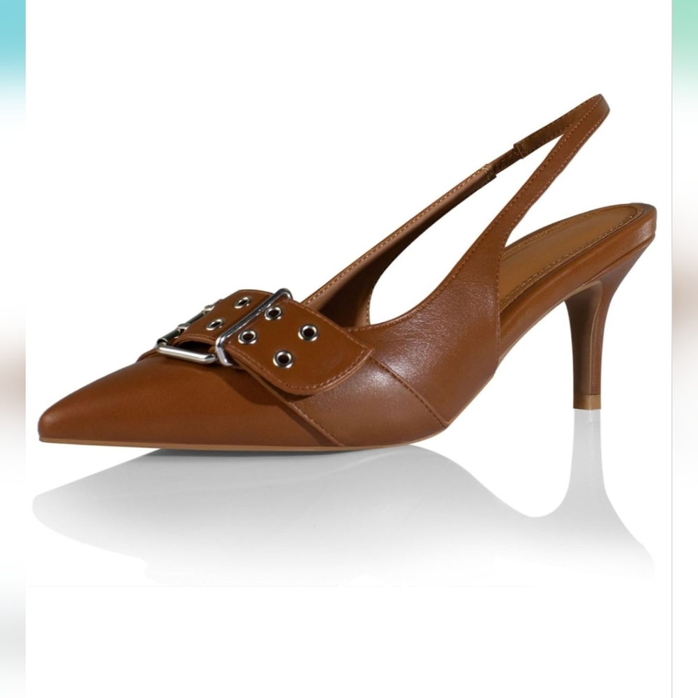 Sarawill Brown Slingback Closed Toe Kitten Heel Dress Shoe. - Picture 2 of 2